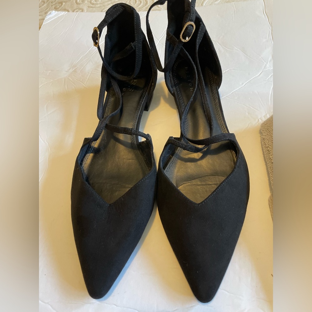 ASOS black suede low heel with cross cross strap at ankle, size UK 8 (Womens 10)